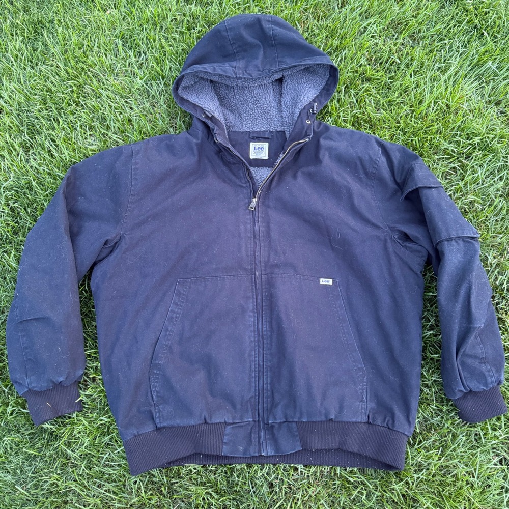 B- Lee Workwear Mens XXL Black Canvas Hooded Jacket Sherpa Lined Bomber Coat